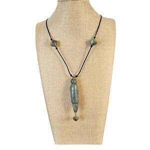 Green Stone Beaded 3.5" Pendant Necklace Black Cord Boho Tribal Style Boho